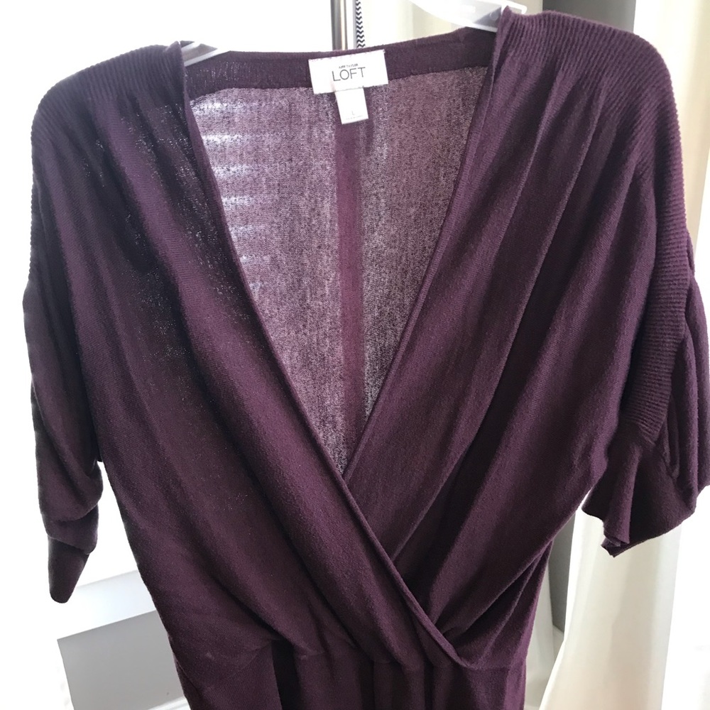 Loft 3/4 sleeve wrap-front sweater, eggplant, LG